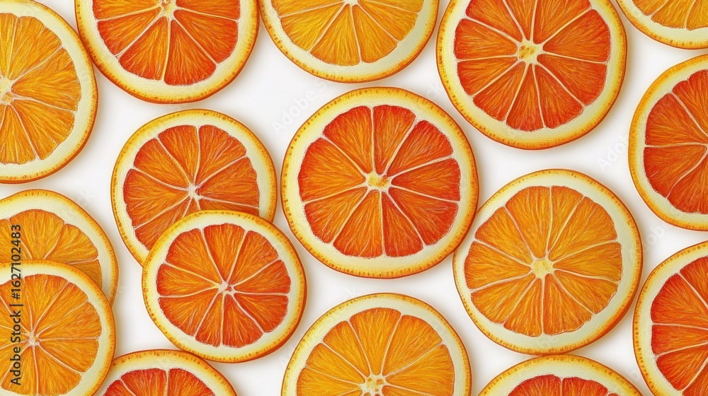 Poster close-up of multiple vibrant citrus fruit slices arranged on a white background displaying bright or