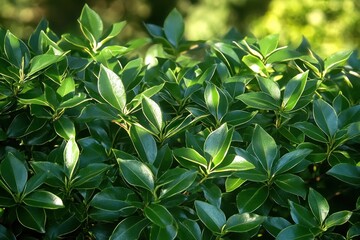 Obraz premium Close-up of lush green leaves on dense shrub in bright natural sunlight with blurred background