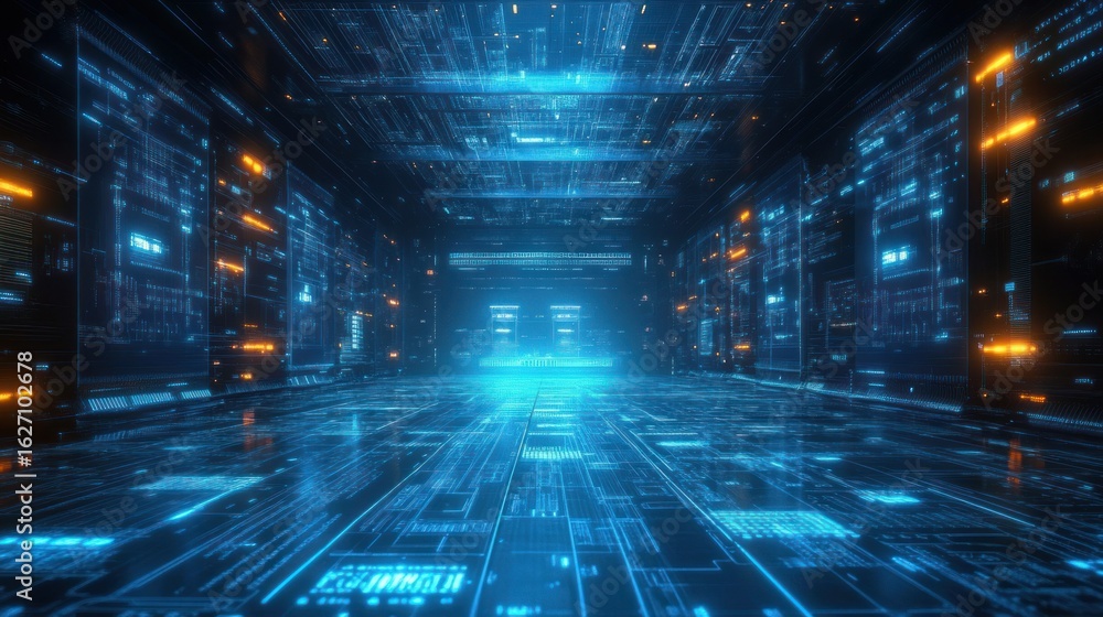 Poster futuristic digital corridor illuminated with glowing blue and orange circuit-like patterns suggestin