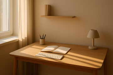 A serene desk setup featuring a laptop, a notebook, and a lamp, bathed in soft natural light, creating a warm and inviting workspace atmosphere.