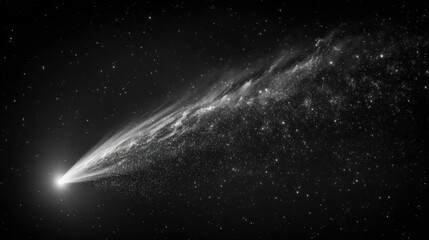 Black and White Image of a Comet Traveling Through Space with Many Stars