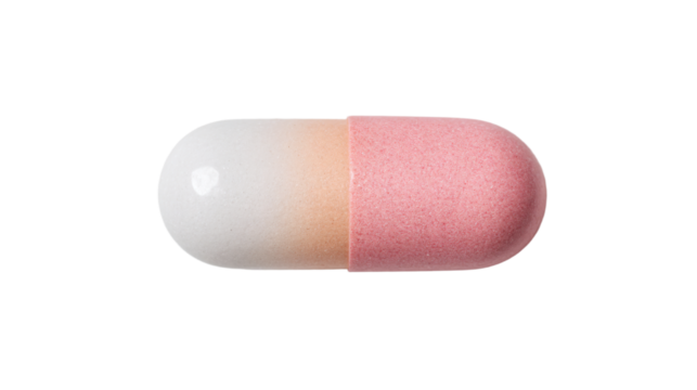 a pill with a pink and white stripe on it
