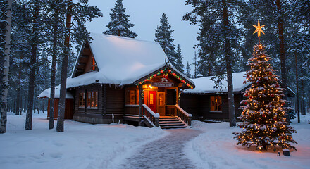 Urban Claus village of Rovaniemi of Finland Lapland. Christmas office house winter. Laponia and snow. Travel to Joulupukki at Holiday park on north pole. New year. Post with lights. Tree decoration