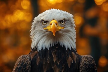 Fototapeta premium Close-up of a fierce bald eagle with piercing eyes and sharp beak against a blurred orange and brown autumn forest background