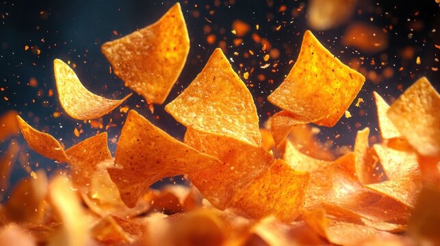 Close-up view of crispy seasoned triangular tortilla chips flying in air with visible seasoning particles, vibrant orange tones, and dynamic motion