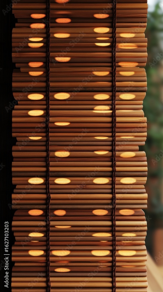 Poster close-up of vertically stacked cylindrical bamboo tubes with sunlight filtering through small oval o