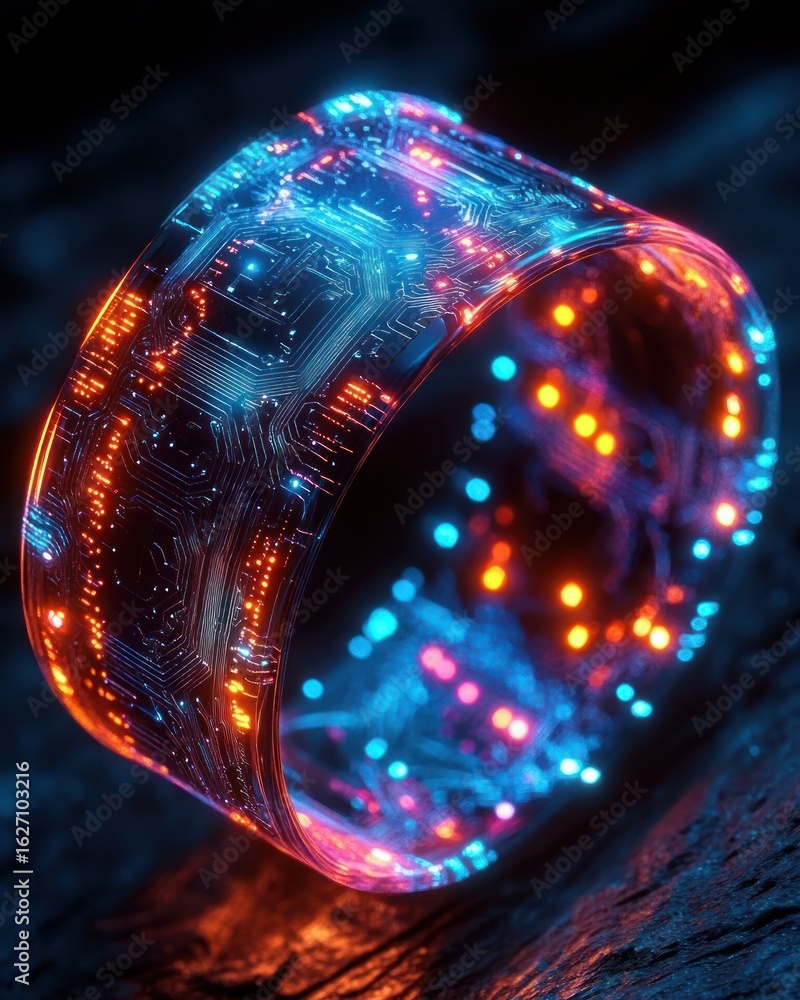 Poster close-up of a futuristic glowing ring with intricate circuit patterns illuminated by blue and orange