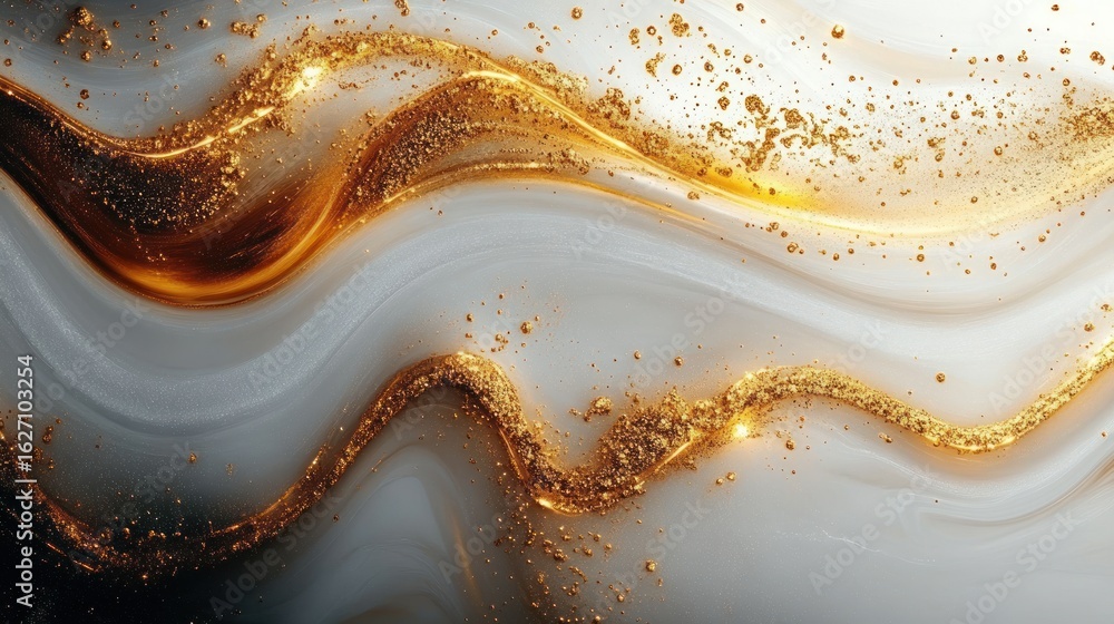 Aufkleber abstract flowing waves of gold and white with shimmering golden particles creating a luxurious and d