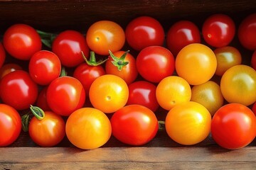 Close-up view of fresh red and yellow cherry tomatoes arranged on a wooden surface conveying freshness and natural appeal