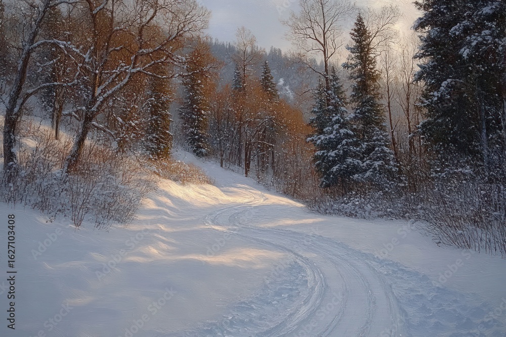 Poster winding snow-covered path through a serene winter forest with sunlight casting soft shadows on the s