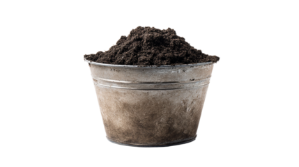 a bucket filled with dirt on a white background