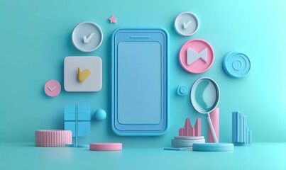 3D illustration of a smartphone surrounded by various colorful abstract digital icons and charts on a blue background, symbolizing technology and analysis