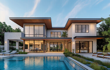 Fototapeta premium Modern house with a pool and terrace, exterior design in a gray color of a two-story modern family