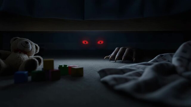 A creepy monster under the bed, with glowing eyes and a clawed paw. A classic childhood fear, perfect for Halloween stories and horror films.