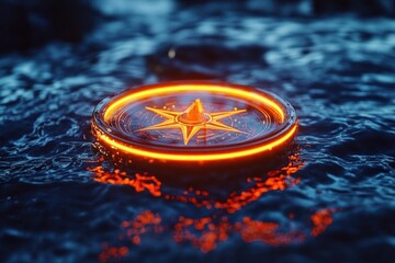 Glowing orange compass floating on dark rippling water at night emitting warm light reflections