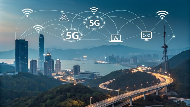 5G high-speed wireless internet. Broadband Wireless Cellular. 5th generation of smart-mobile communication. Digital Technology Network Digital Data and Social network worldwide Connection .