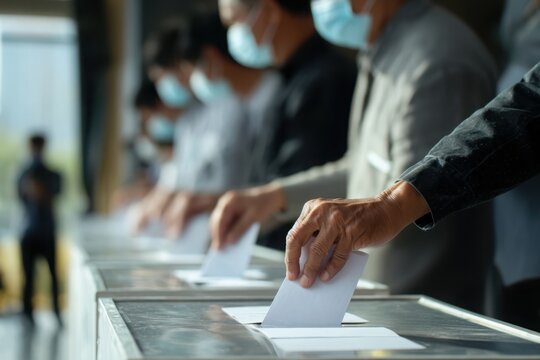 a hand dropping a ballot into a voting box, during an election. People wearing face masks are seen in the background, emphasizing the safety measures during the voting process.