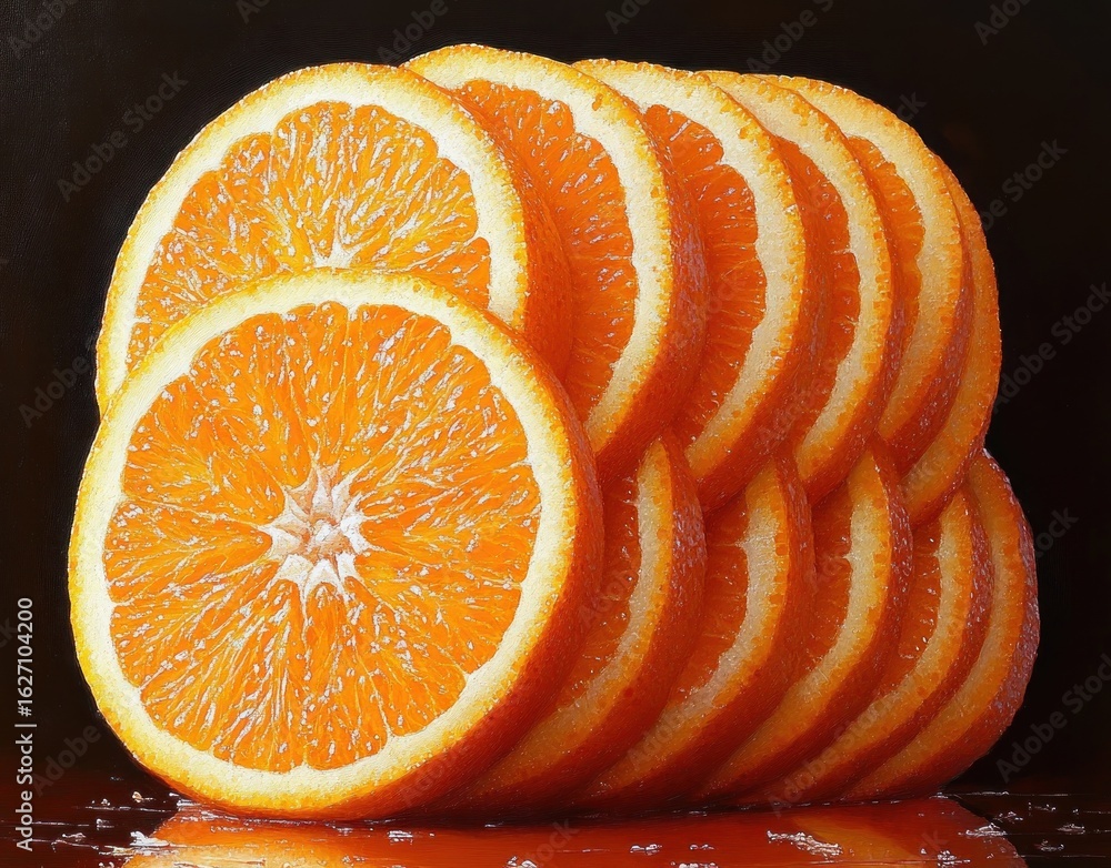 Poster close-up of several fresh orange slices arranged in a neat row on a dark background with reflections