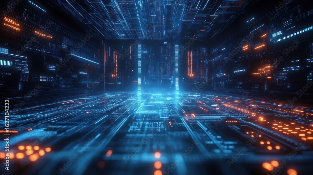 Poster futuristic digital corridor with glowing blue and orange circuit-like patterns extending into the di