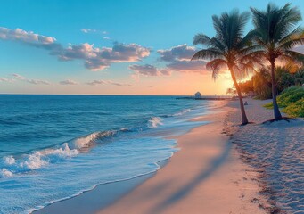 Peaceful beach at sunset with gentle waves, palm trees casting long shadows, soft sand, and a distant wooden pier under a blue sky with scattered clouds