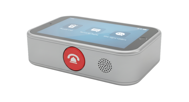 Isolated Silver Electronic Device with Touchscreen Display and Red Button on a Clean White Background for Modern Communication and Control