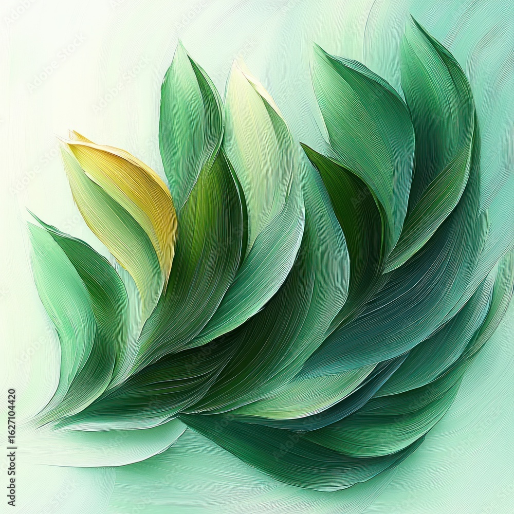 Poster abstract swirled green leaves with a single yellow leaf blending softly in a smooth, flowing backgro