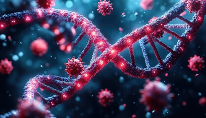 Close-up of intertwined DNA strands highlighted with glowing red particles surrounded by floating virus-like structures in a bluish environment representing microscopic biological interaction