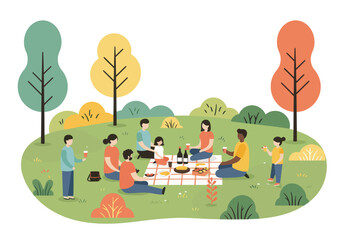 Obraz premium Illustration Vector of a Family Picnic Outdoors on Green Grass with Food Trees and People in a Flat Modern Style