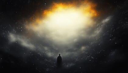 Silhouette of a person standing alone under a vast glowing sky with bright yellow and white light surrounded by dark clouds, evoking a sense of awe and mystery