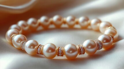 Elegant pearl bracelet with gold and diamond spacers on smooth silk fabric reflecting soft warm light