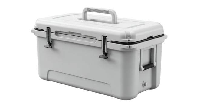 Isolated White Cooler With Handle For Camping In A Transparent Background For Outdoor Recreation And Food Preservation And Portable Ice Box