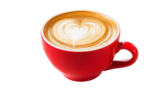a red cup of coffee with a heart on it