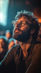Obraz premium Thoughtful young man with glasses and beard looking upwards in warm and soft lighting with blurred background crowd