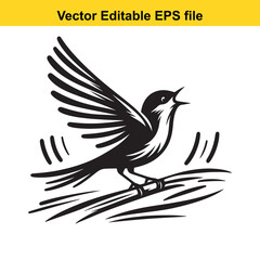 Obraz premium Vector art of black and white bird singing on a branch isolated on white background long horn, , long horn