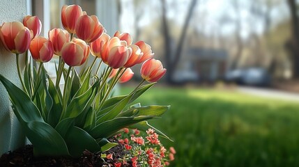 Cluster of pink and orange tulips blooming brightly near a wall with soft sunlight and blurred green garden background evoking calmness and freshness