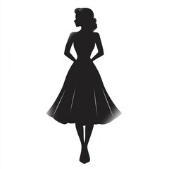 silhouette of a woman in a mid-length flared dress with hands behind her back standing gracefully
