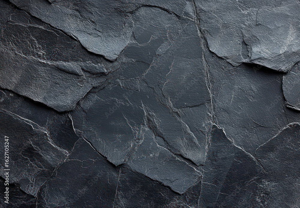 Poster close-up texture of dark layered slate stone surface with natural cracks and smooth edges creating a