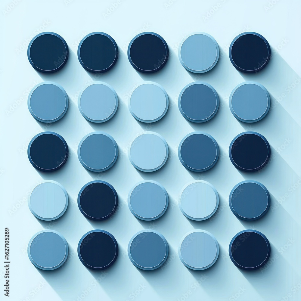 Poster grid of circular shapes in varying shades of blue arranged in five rows and five columns casting lon