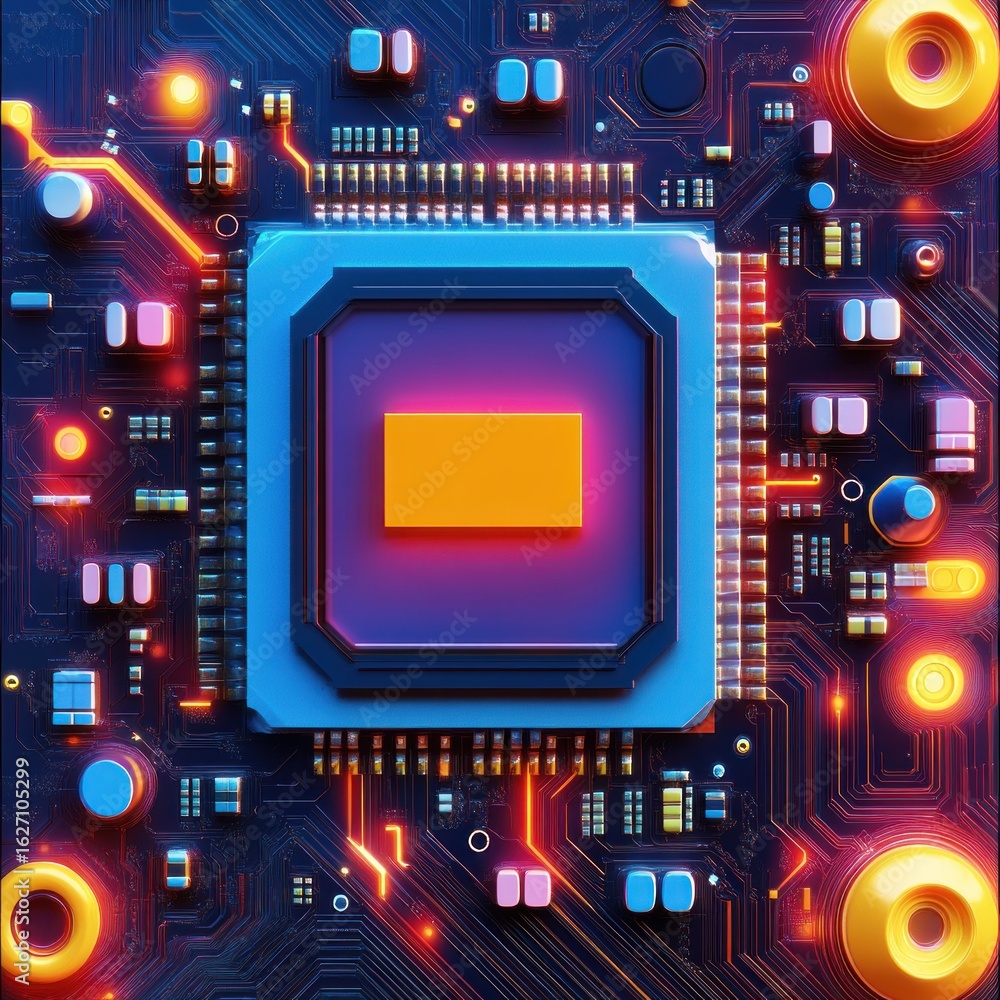 Poster close-up of a vibrant illuminated microchip with glowing circuits and electronic components showcasi