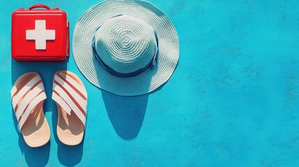 Red first aid kit, beige striped sandals, and wide-brimmed straw hat casting shadows on a bright blue textured surface