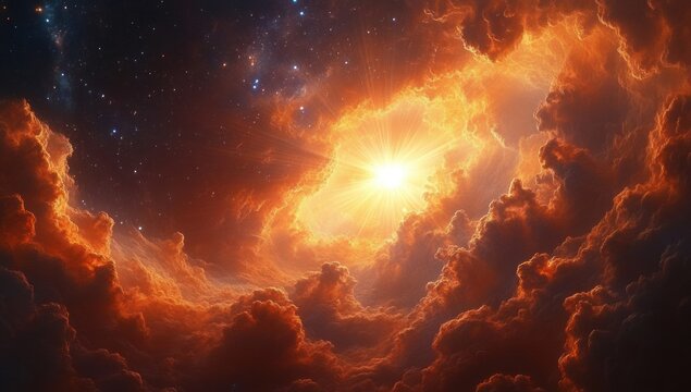 Bright sun shining through dramatic fiery orange clouds with stars visible in the dark sky beyond, creating a powerful and awe-inspiring cosmic scene - Powered by Adobe