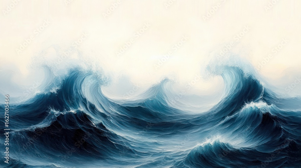 Poster dynamic deep blue ocean waves rising and curling under bright, soft sky creating a sense of movement