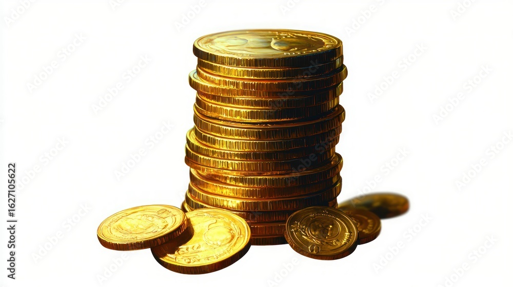 Poster stack of shiny gold coins arranged in a pile with several coins scattered around on a white backgrou