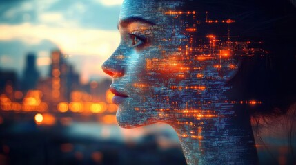 Profile of a young woman with digital code and glowing orange data patterns overlayed on her face, set against a blurred cityscape at dusk, evoking futuristic and technological themes