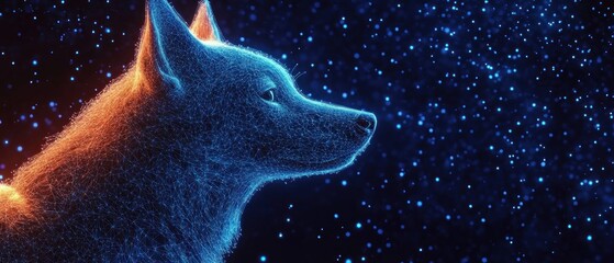 digital wireframe illustration of a dog looking into a starry night sky with glowing blue and orange lines creating a futuristic and calm atmosphere