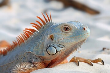 Obraz premium close-up of a colorful iguana with orange spines resting on light sand showcasing detailed scales and textured skin
