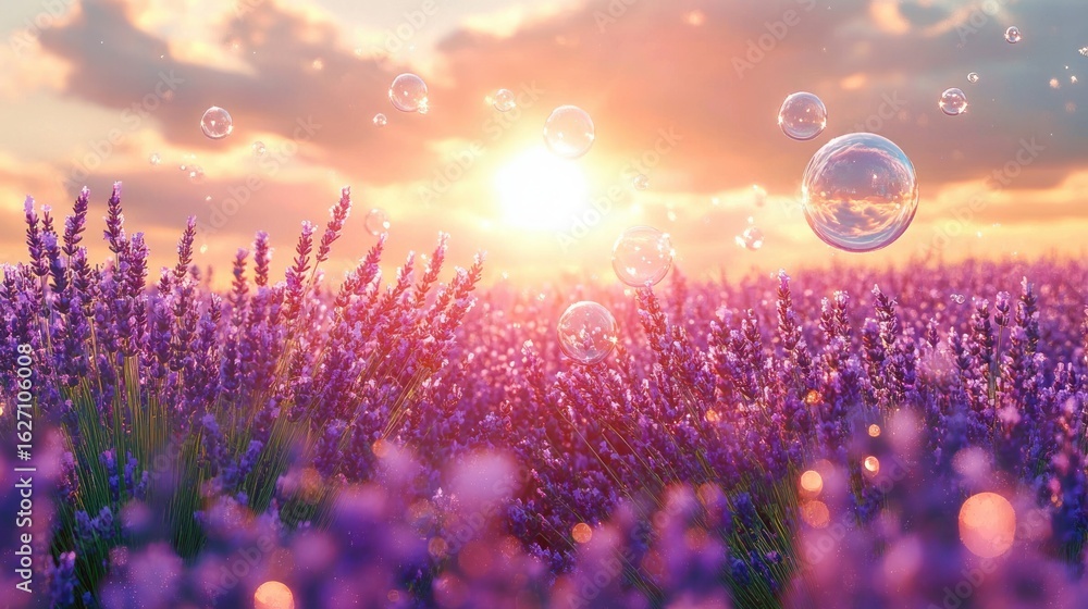 Poster sunset over a vibrant lavender field with floating translucent bubbles creating a peaceful and dream