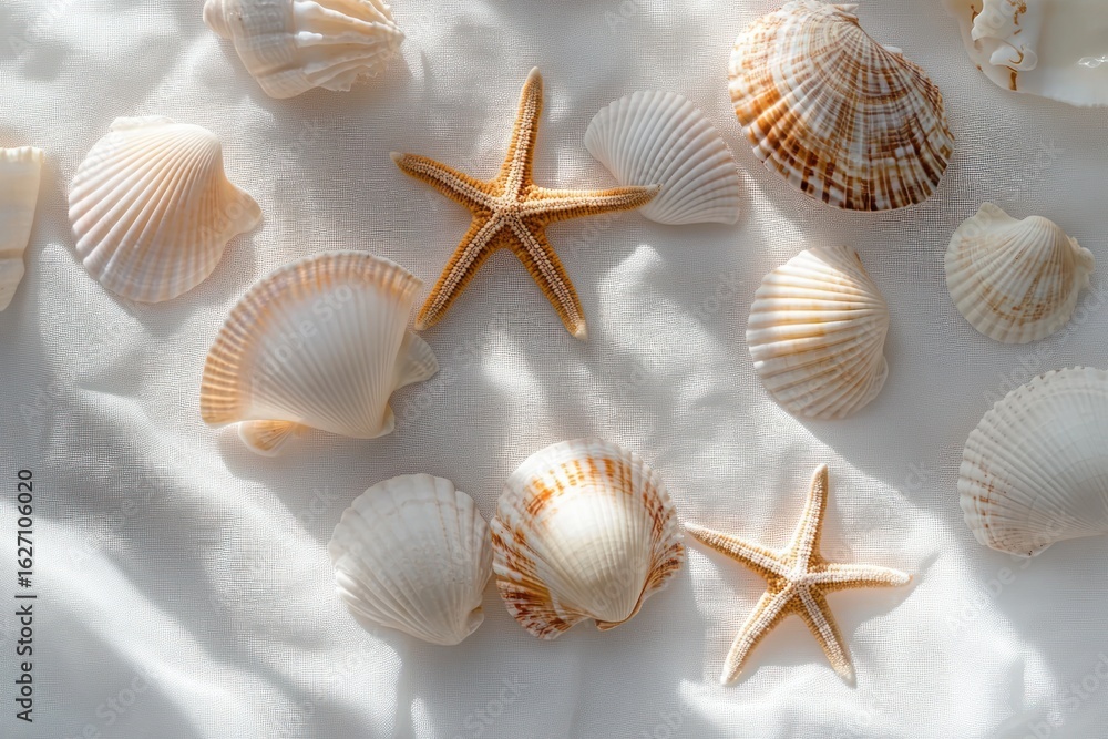 Aufkleber various sea shells and two starfish arranged on a soft white fabric with gentle lighting creating a 