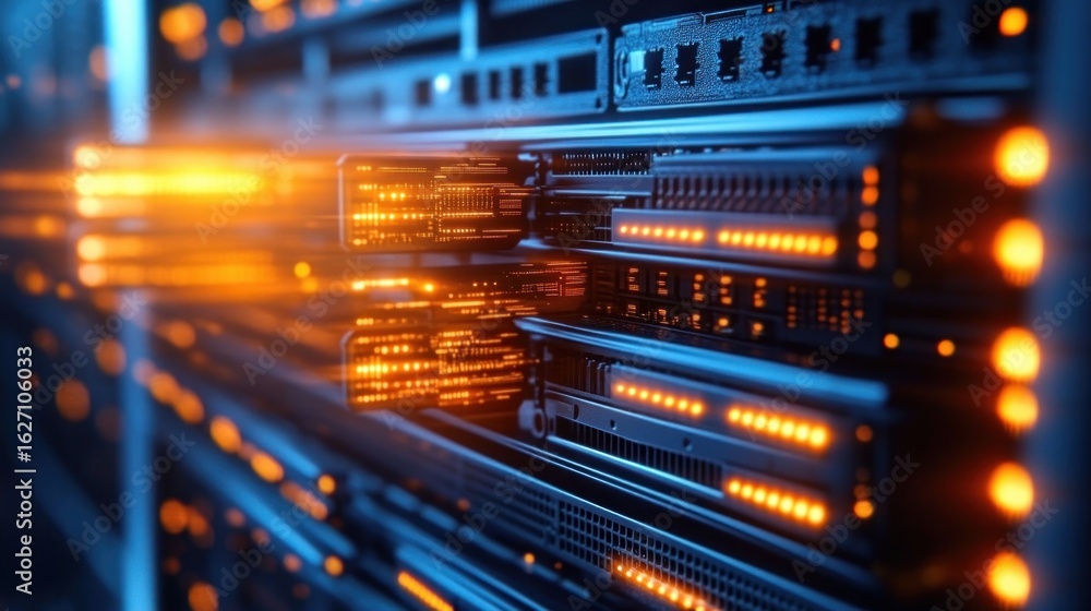 Poster close-up of data servers with glowing orange led lights in a dark, high-tech environment emphasizing