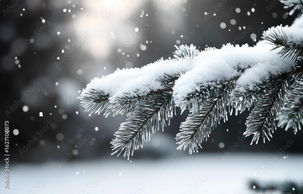 Aufkleber close-up of evergreen tree branch covered in fresh snow with soft falling snowflakes and a blurred w
